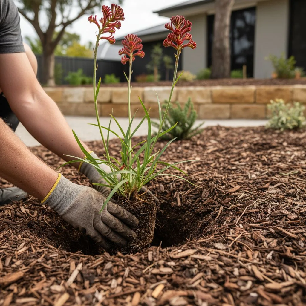 Illustrative close view of a kangaroo paw plant being placed in a mulched garden bed