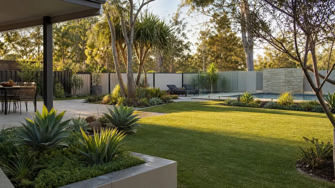 Illustrative garden with lawn, planted borders and a paved seating area